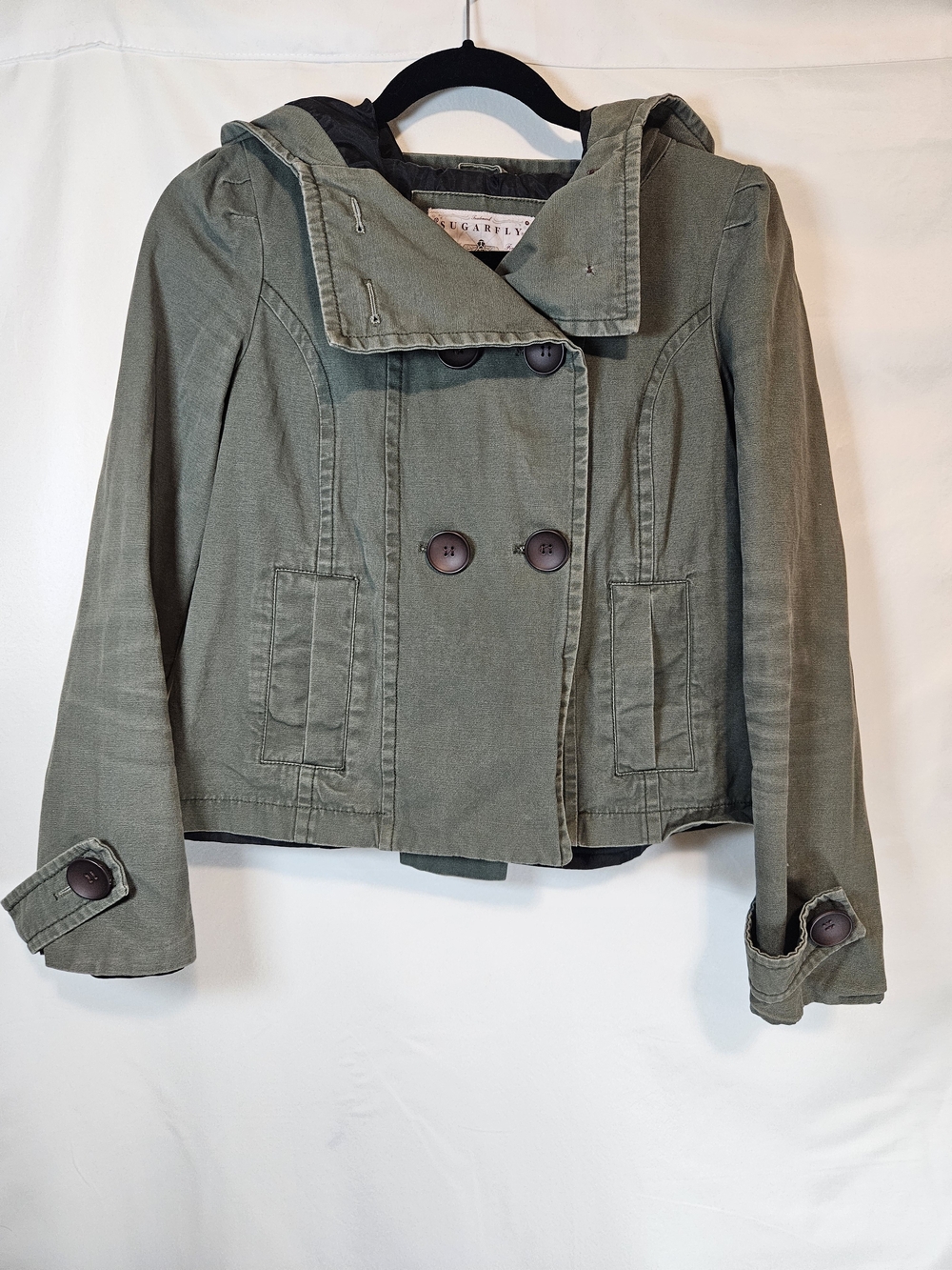 Sugarfly Olive Green Hooded Double-Breasted Pea Jacket